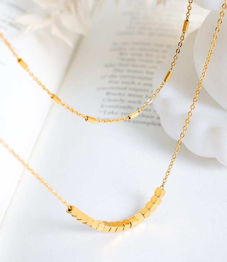 Titanium Steel Double Layer Square Bead Necklace - Non-Fading, Versatile Light Luxury Women's Sweater and Clavicle Chain.