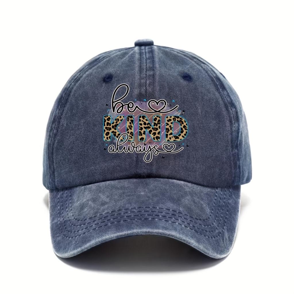 Be Kind Always Leopard Print Baseball Cap Distressed Washed Vintage Style Adjustable Sun Protection Cap for Unisex Adults