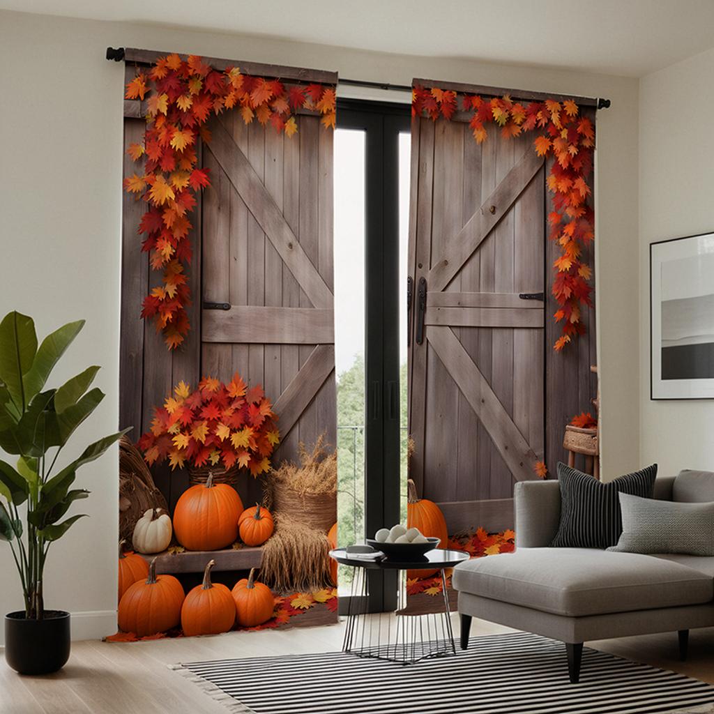 2pcs HD Thanksgiving rattan Maple Leaf wooden door pumpkin decorative curtain Coffee color digital printing curtain Home deco