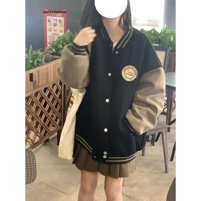 Women s American Retro Academy Style Baseball Jacket - Loose, Casual Fit XL чёрный