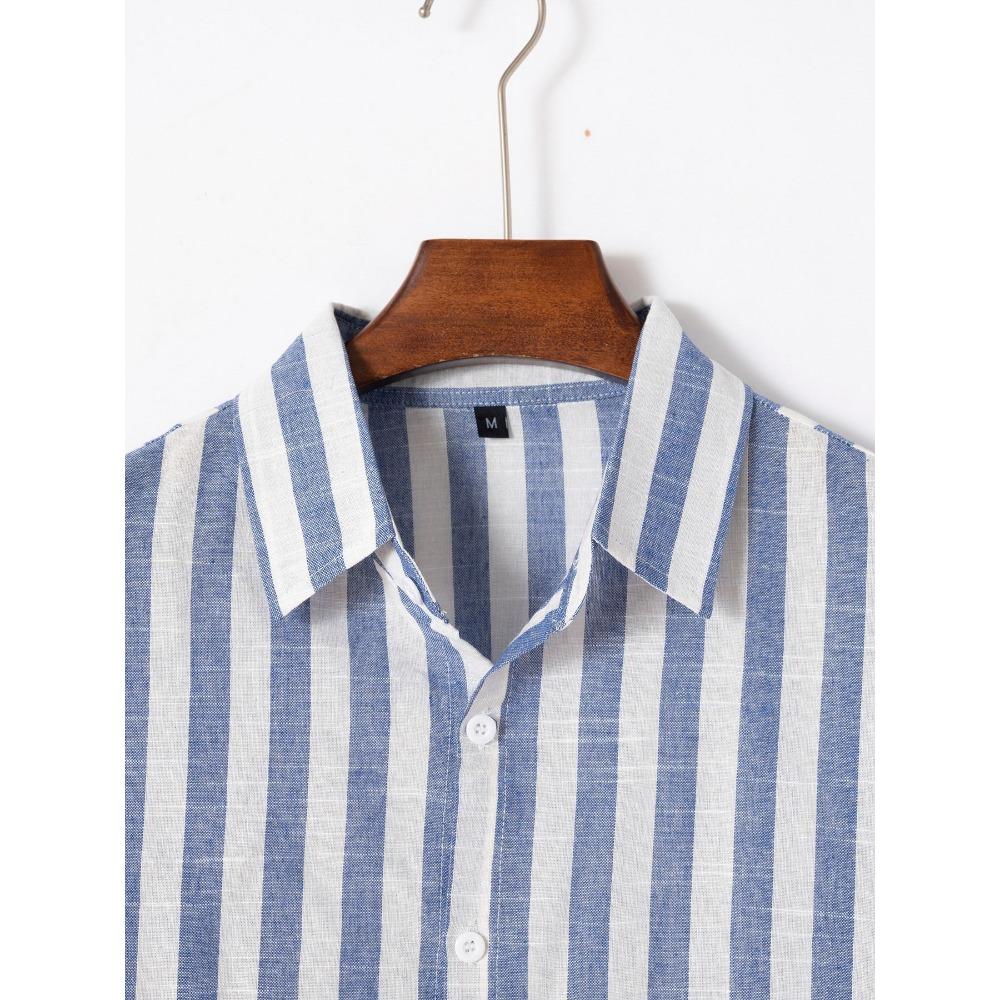 Herre Fritids Skjorte i Bomull og Lin med Striper og Lange Ermer