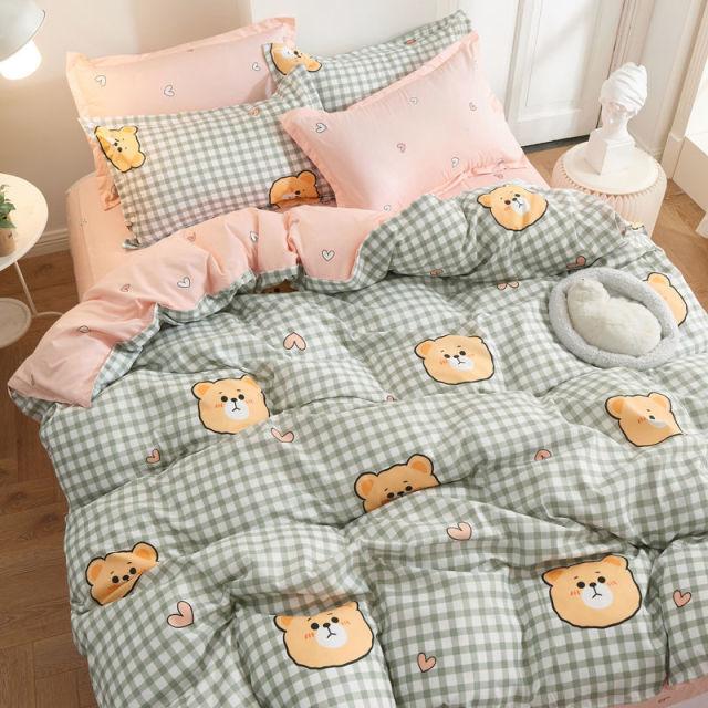 Fashion Bedding Set White Green Double Bed Linens Quilt Duvet Cover Pillowcase Queen Size Flat Sheet Classic Grid for Girl Boy