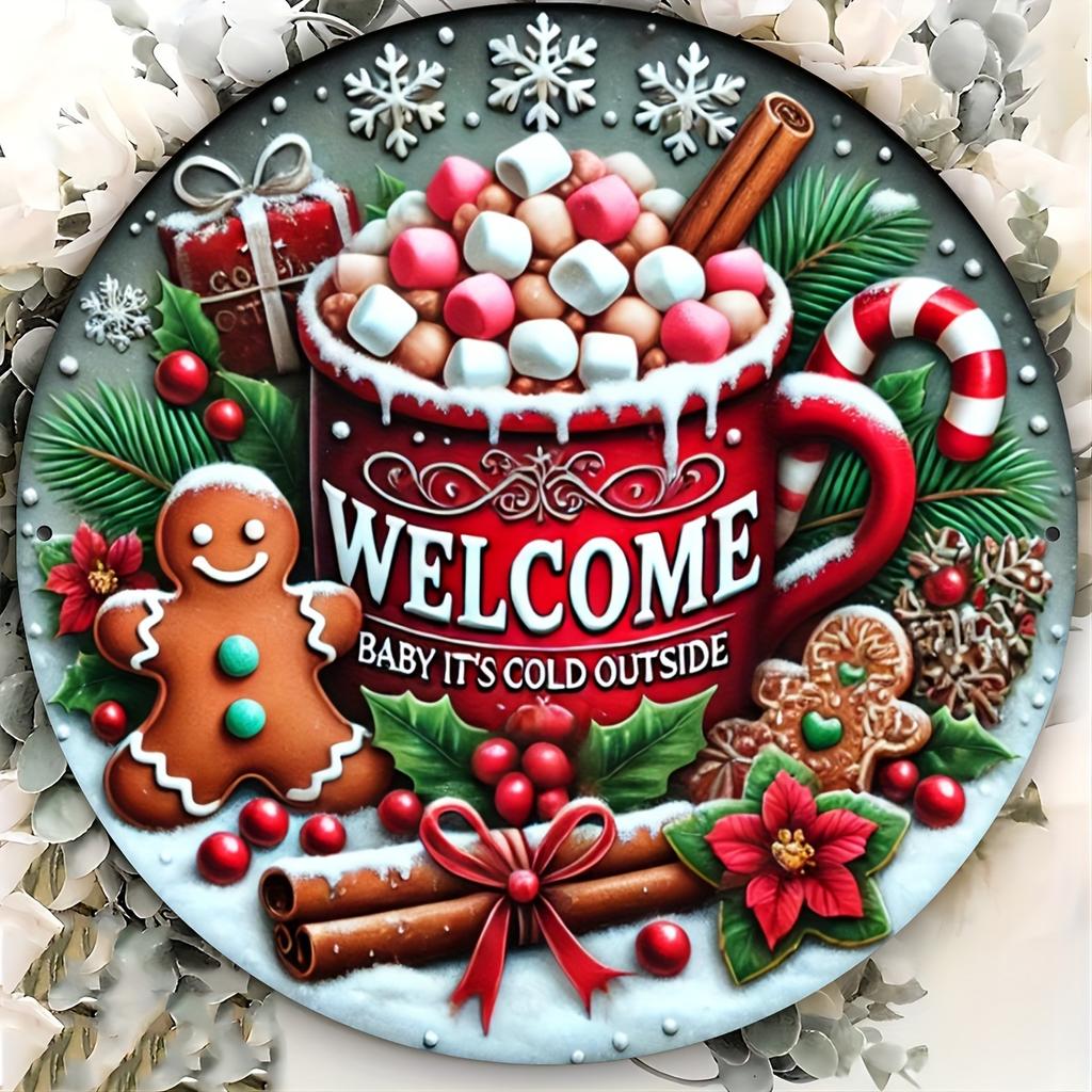 Christmas Themed Iron Wall Art Decor 7.8 Inch Round Metal Sign with Gingerbread and Holiday Mug Design Welcome Door Sign