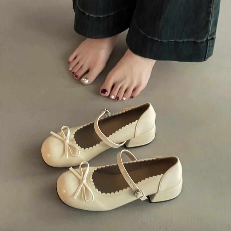 French bow thick heel Mary Jane single shoes summer one-button small leather shoes ballet women thick heel high heels