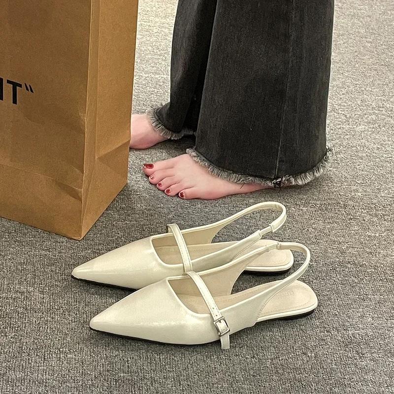 Fashion Sandals for Women 2025 New French High-end Pointed Toe Low-heeled Single Shoes Slip-on Temperament Baotou Flat Shoes for Women's