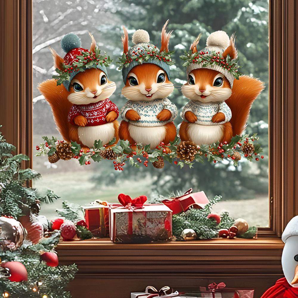 Electrostatic Cartoon Christmas Squirrel Electrostatic Adsorption Glue-free Glass Stickers Are Used for Christmas Decoration