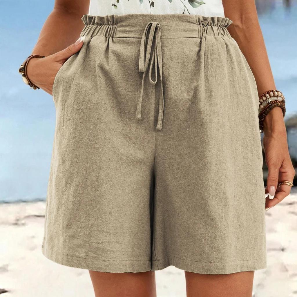 Women's Spring and Summer Linen Solid Color Shorts Casual Sports Women's Shorts Three-quarter Pants with Drawstring Shorts