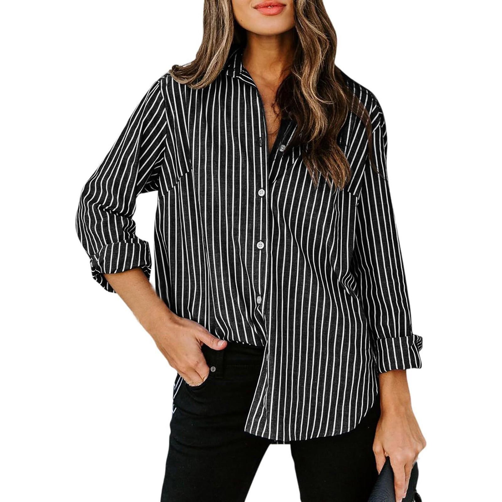 

Женские рубашки на пуговицах из хлопка в полоску, классическая рубашка с длинным рукавом и воротником, рабочие полоски, блузки, топы S чёрный