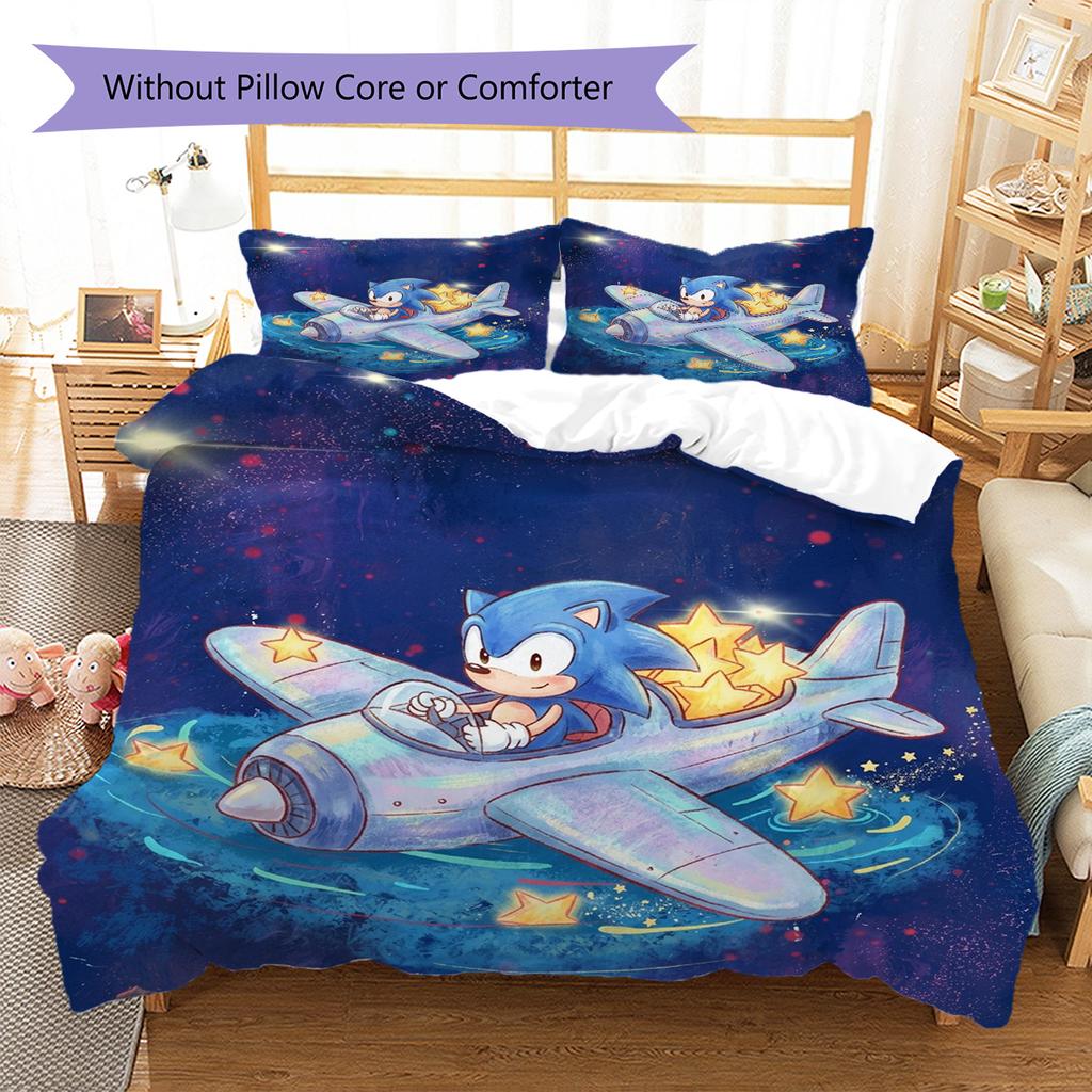 Hedgehog Sonic Pattern Bedding Quilt Set Quilt Cover Pillowcase Home Decoration Birthday Gift (1 * Duvet Cover + 2 * Pillowcase, Without Core)