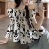 Broken Flowers Flying Sleeve Shirt Women's Clothing Loose Casual Round Neck 2024 Summer Stylish Pleated Vintage Elegant Blouse