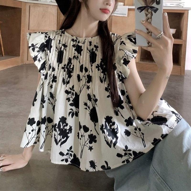 Broken Flowers Flying Sleeve Shirt Women's Clothing Loose Casual Round Neck 2024 Summer Stylish Pleated Vintage Elegant Blouse