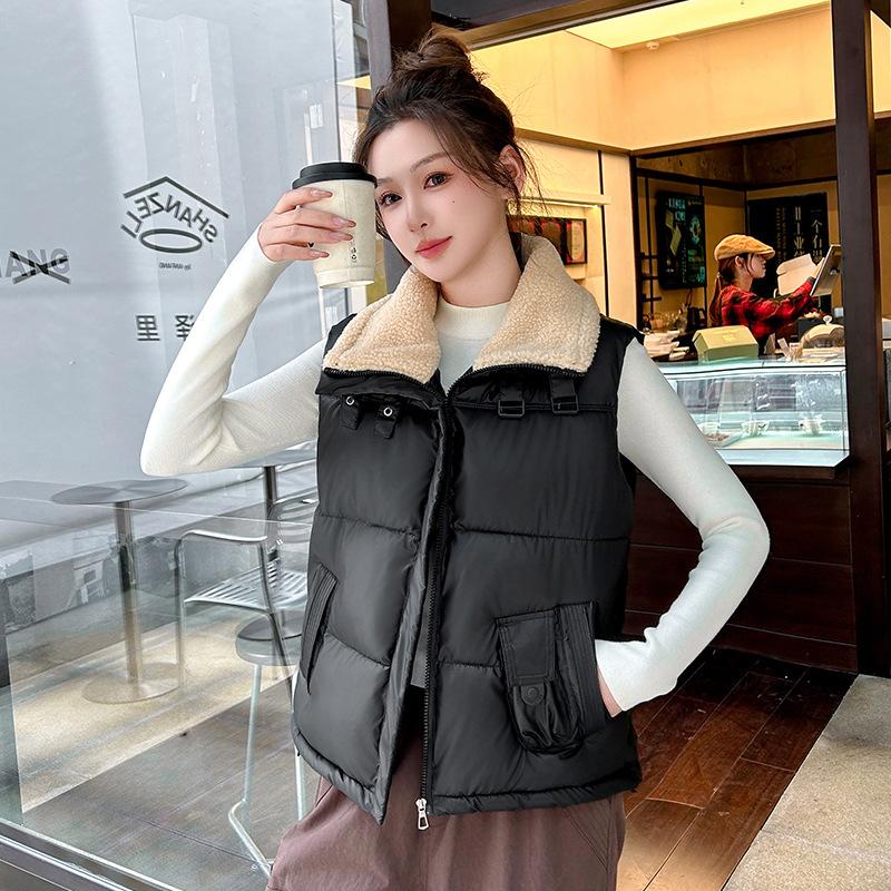Lamb wool lapel splicing cotton vest autumn and winter new small sleeveless vest with vest jacket