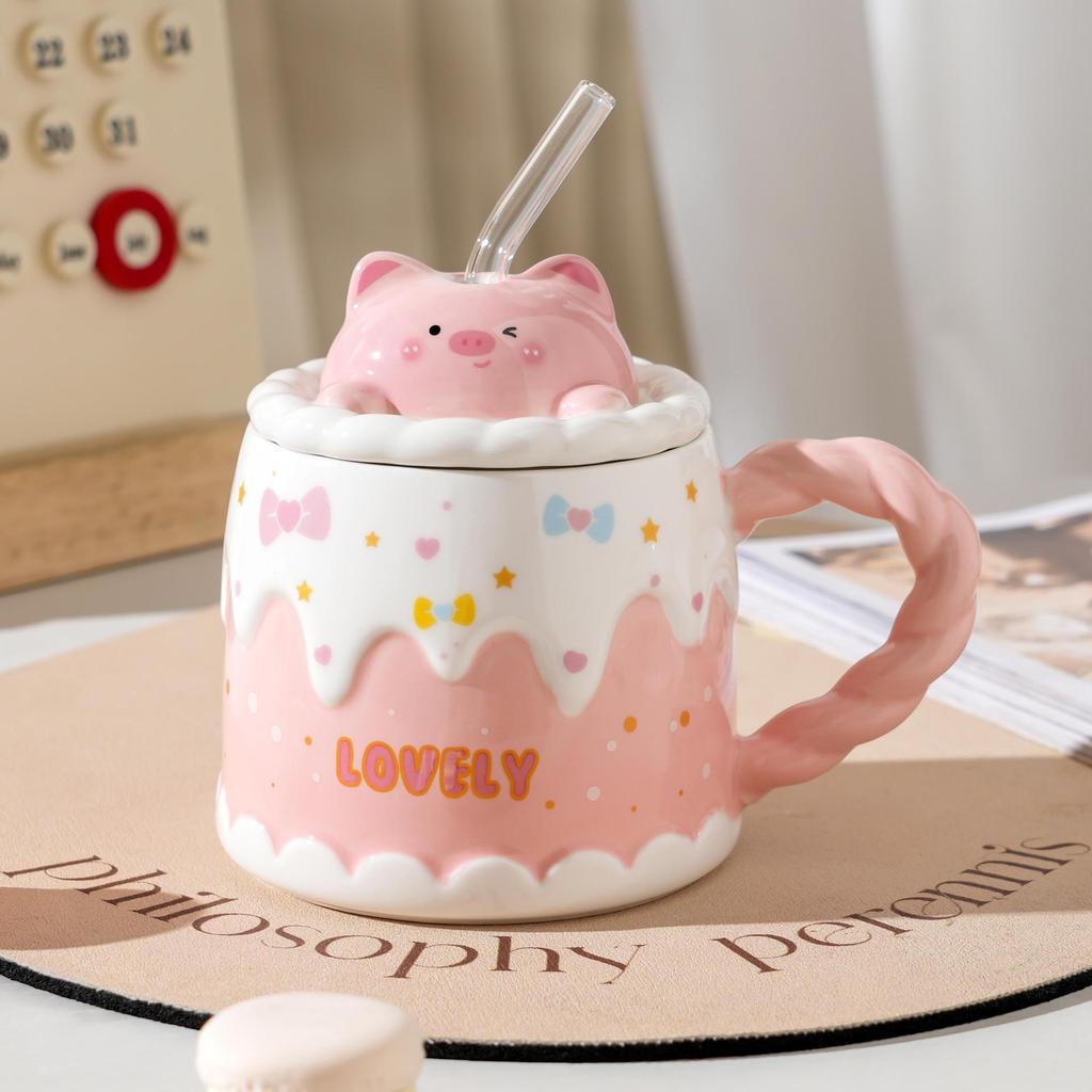 Cute Ceramic Cup with Lid, Spoon, and Straw – Perfect Birthday or Couple's Gift