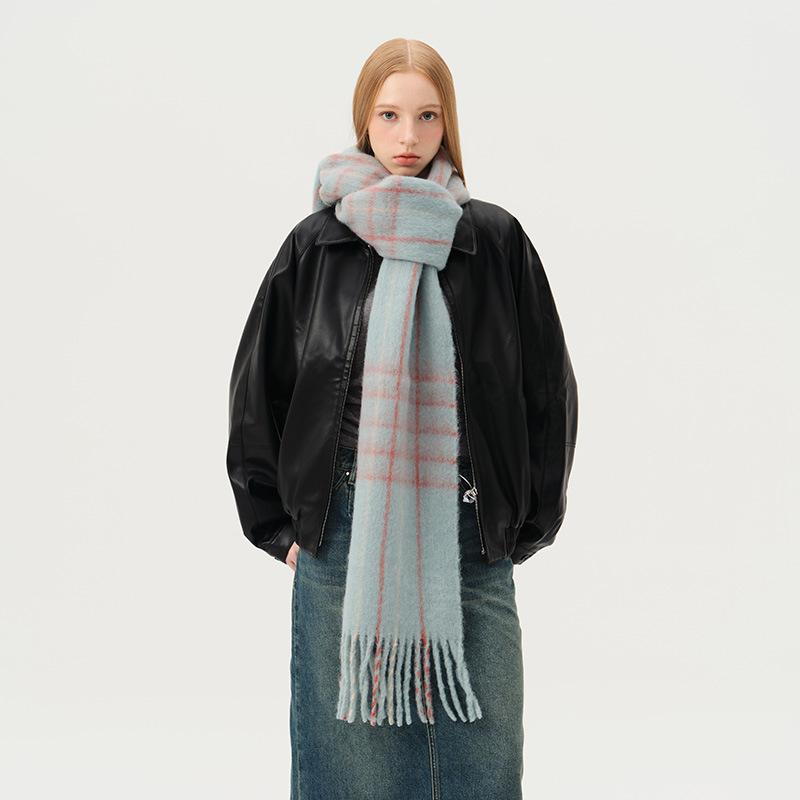 Wool Blended Macaron Color Tassel Plaid Scarf Women's Winter Extra Soft Atmosphere Shawl