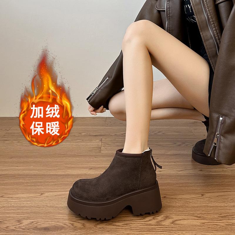Зимові снігові чоботи, новинка, м'яка шкіра, мафінова товста підошва, збільшення висоти, оксамитові повсякденні бавовняні туфлі, жіночі короткі чоботи