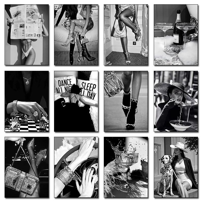 Modern Luxury Fashion Black White Art Heels Champagne Feminist Retro Poster Canvas Paintings Wall Art Pictures Home Decor