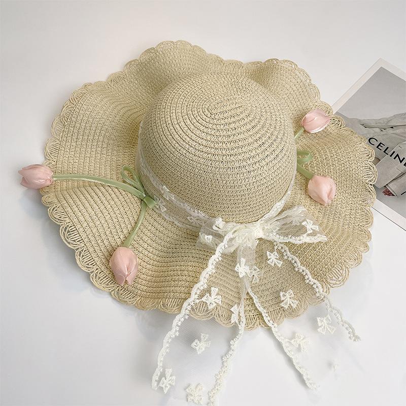 Tulip lace edge straw hat women's summer seaside vacation beach basin hat large brim UV protection sun hat