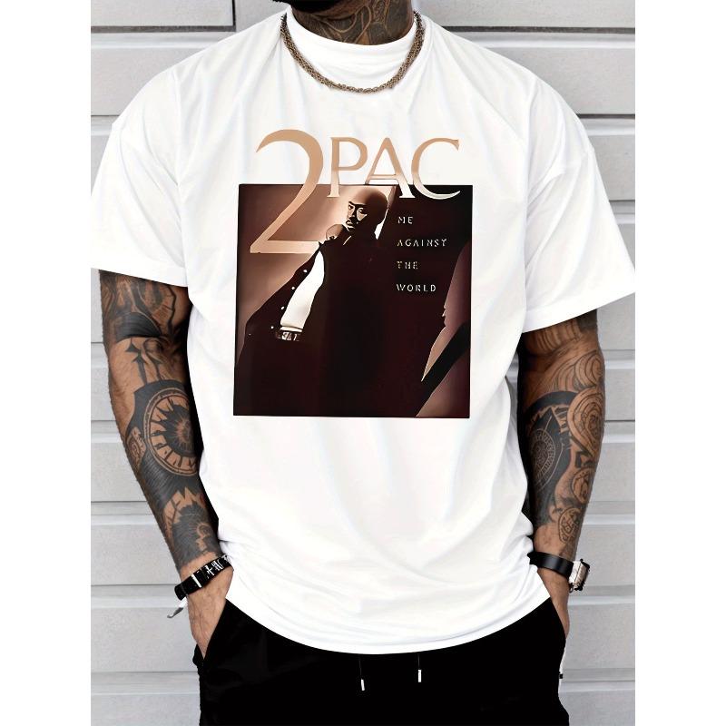 

European sizes Men S Casual Street Style 2PAC Me Against The World Graphic Print Short Sleeve T-Shirt | Crew Neck, Slight Stretch, Breathable 4XL білий