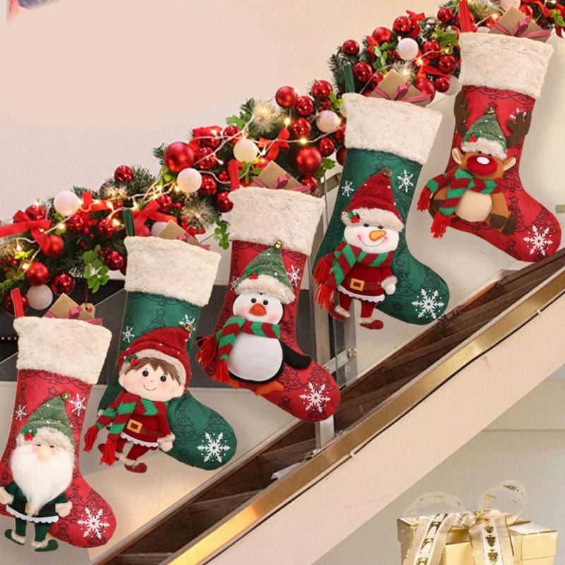 Polyester Christmas Stocking Decoration with Integrated Loop, Raised Holiday Character, Tree Print and Small Bell Feature