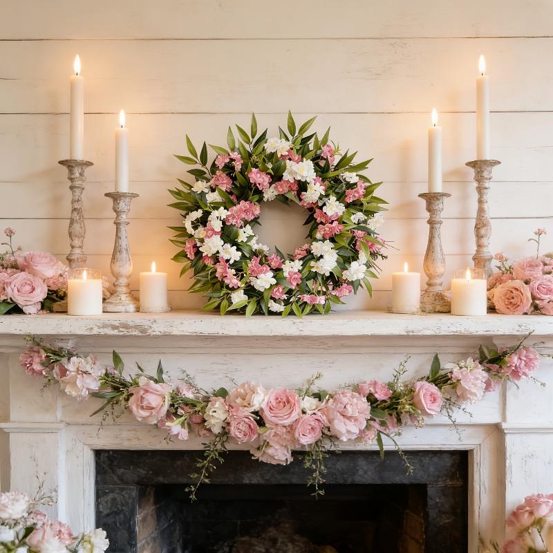 Bohemian Simulation Pink and White Flower Wreath with Branches and Leaves | Rural Farmhouse Style Plastic Flowers