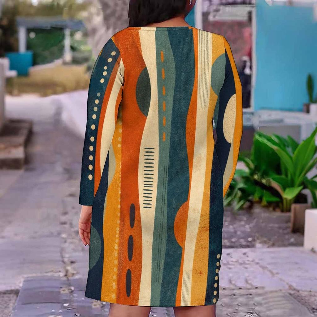 Women Plus Size Blue Pink Geometric Printed V Neck Long Sleeve Fitted Dress