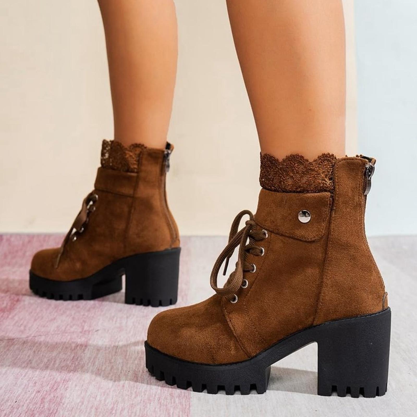 Кружевные ботинки Ботильоны на толстом каблуке Ботинки из искусственной замши 43 коричневый 2690₽