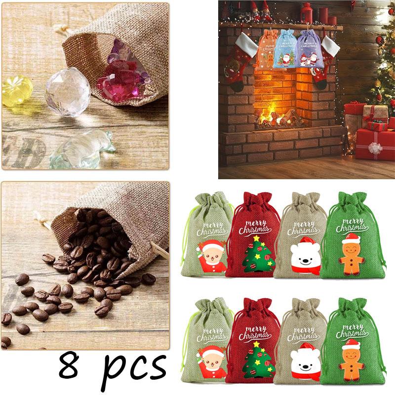 8pcs Linen Cotton Gift Candy Bags Merry Christmas Decoration 2024 Christmas New Year Packing Gift Drawstring Bag Small Gift Storage Packaging