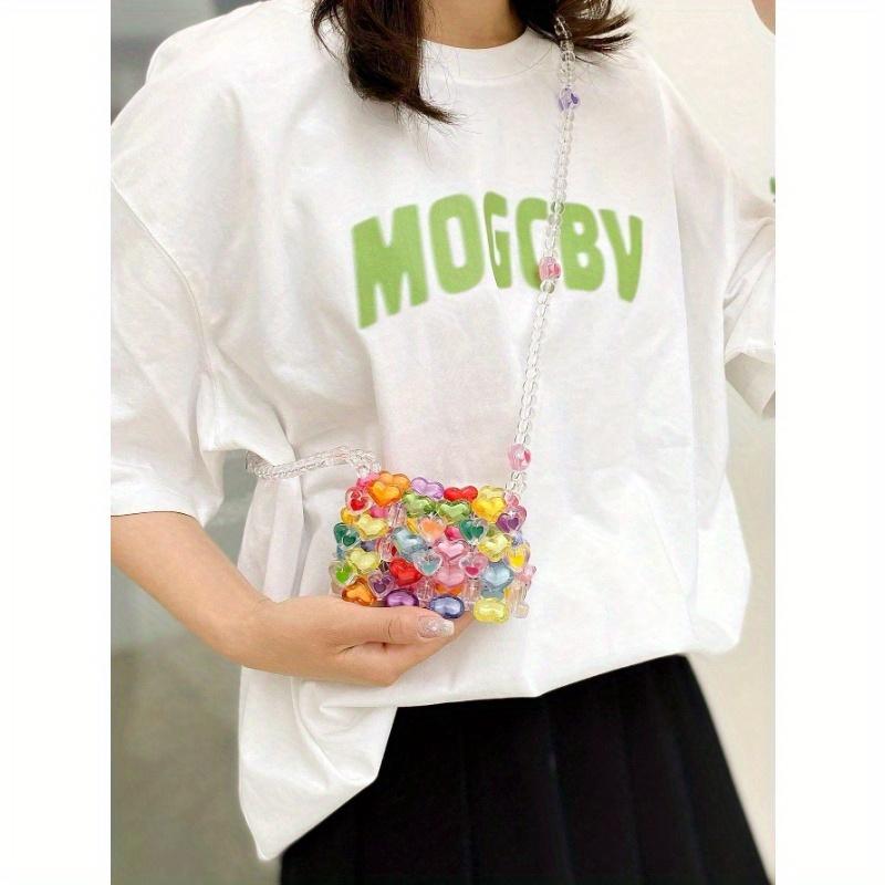Mini Heart-Shaped Bead Square Bag With Color Matching Fashion, 1 Fashionable Colorful Heart-Shaped Bead Square Bag, DIY Hand Woven Bead