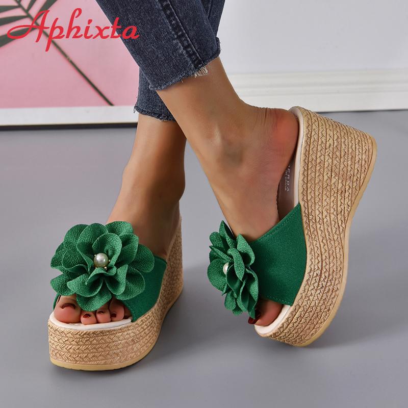 Fashion Aphixta Summer 9cm Wedge Heels Slippers Women Big Pearl Bead Flowers Cow Suede Bow Mulers 4cm Platform Sandals Clog Shoes Slides