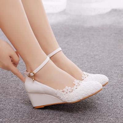 Crystal Queen White Lace Women Wedges Platform 5CM High Heels Ankle Strap Ladies Pumps Office Party Dance Wedding Shoes