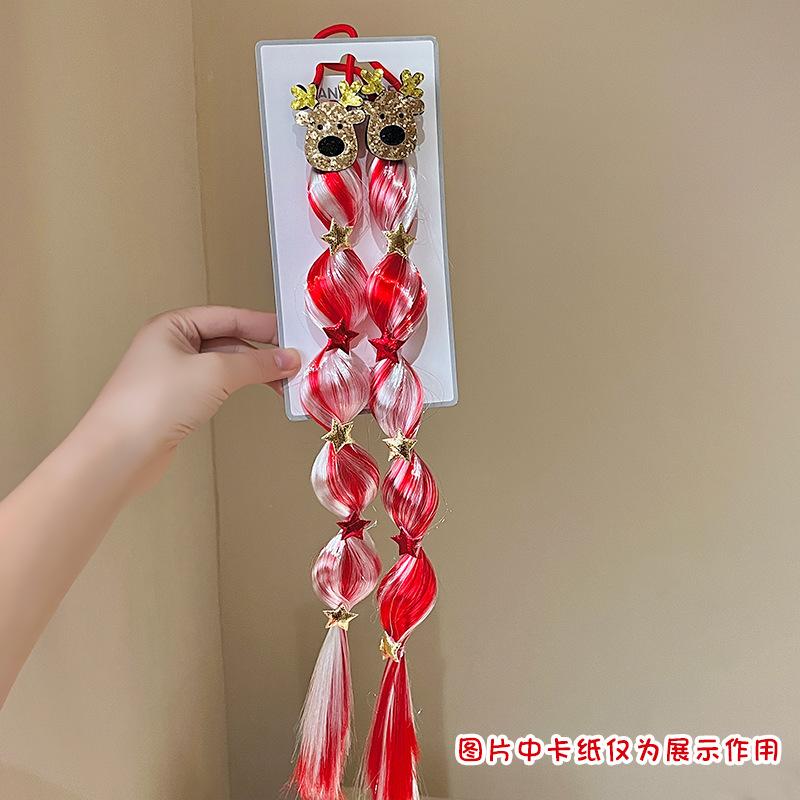 Christmas Children'S Hair Accessories Red Bow Santa Lantern Wig Braid Hair Ring Bubble Braid Wig Headband