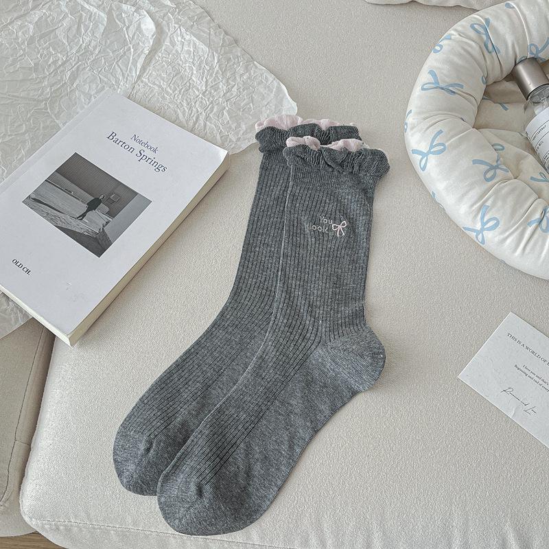Double-Layer Lace Socks Children'S Dongdaemun Tide Socks Letter Bow Embroidered Medium Tube Stacking Socks Thin