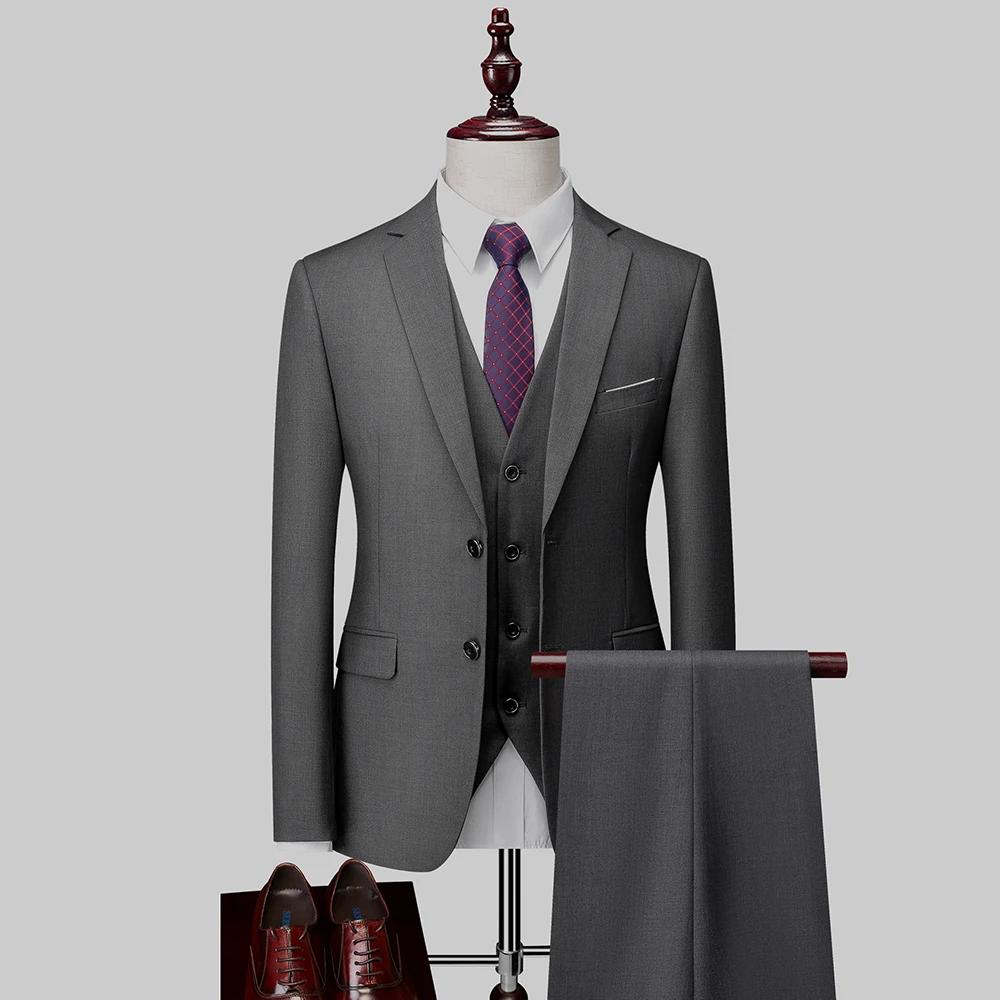 ( Jacket + Vest + Pants ) Boutique Pure Color Mens Business Formal Suit 3Piece Set
