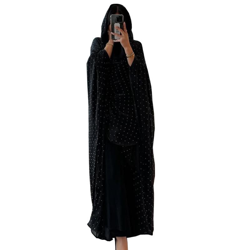 MQ197 Modest Dubai Abaya Set: Long Robe Coat with Hot Drill Details & Headscarf