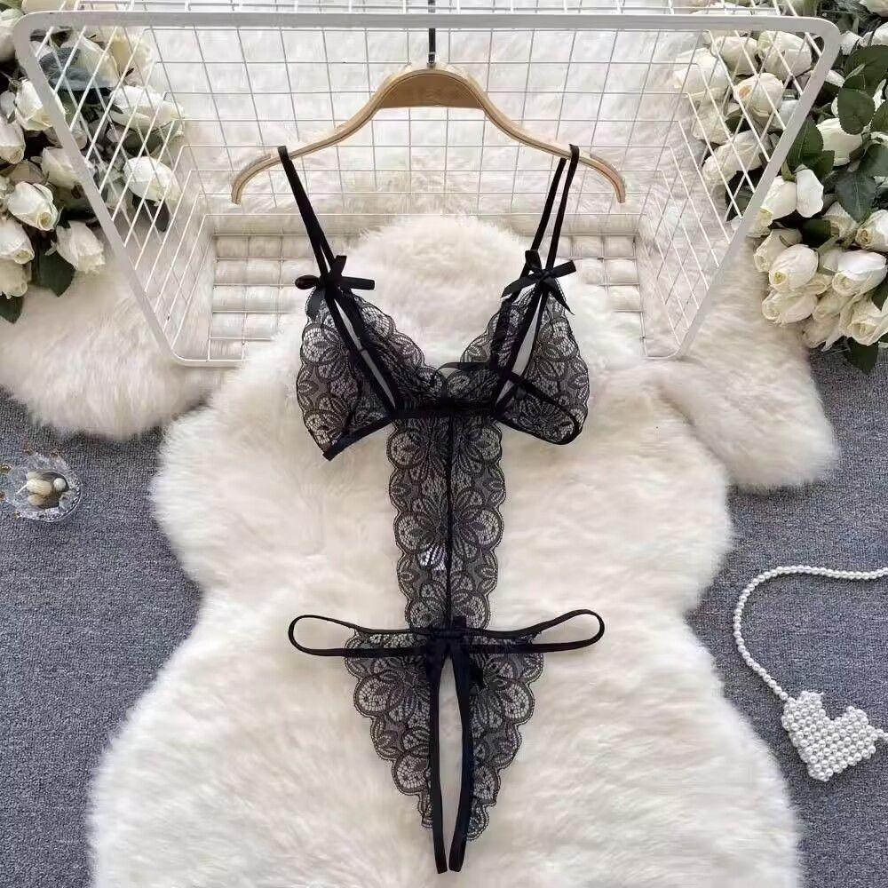 Mesh Hollow Women Lingerie Transparent Lace Sling Nightwear Lace Bow Bodysuit Home