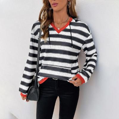 Women's New Casual Spring and Autumn Printing Stripes Thin Section Hooded Sweatshirt