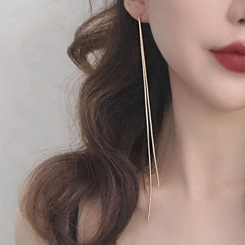 925 Sterling Silver Long Tassel Chain Stud Earrings - European & American Style Dangle Earrings