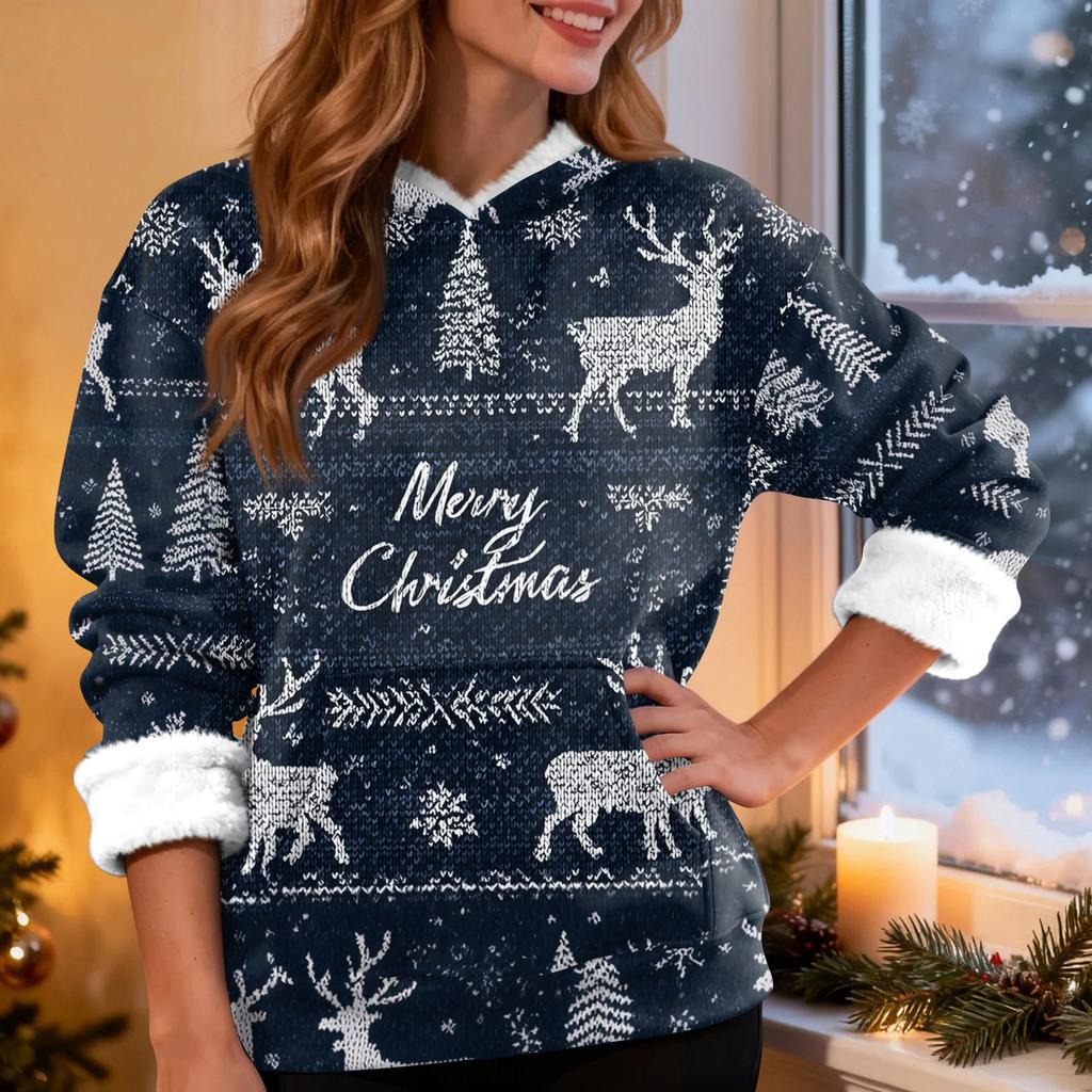 Women's Fashion Casual Long Sleeve Christmas Printed Hooded Sweatshirt