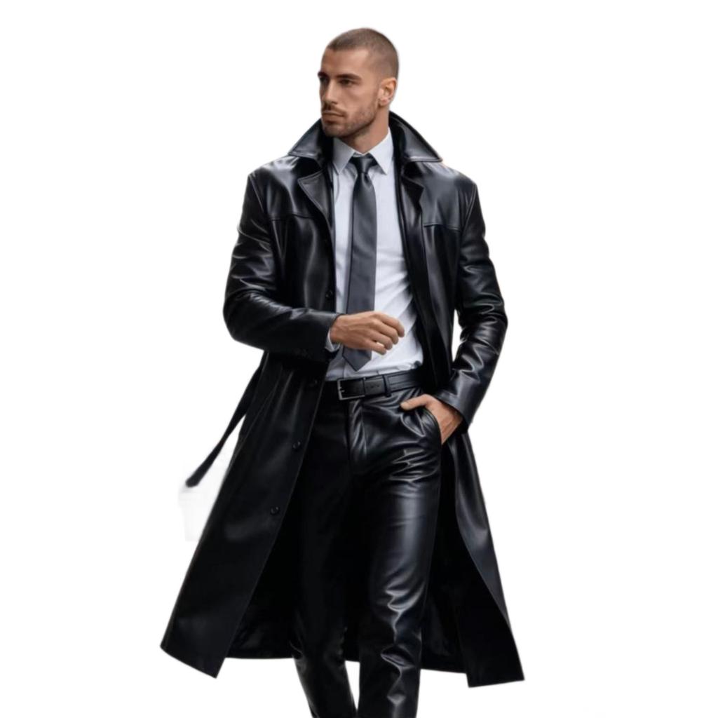 New European and American men's long PU leather trench coat suit collar business casual knee leather coat jacket men's clothing