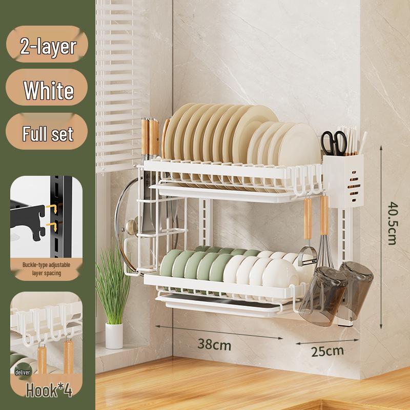 No-Punch Wall-Mounted Dish Drying Rack with Plate and Chopsticks Holder