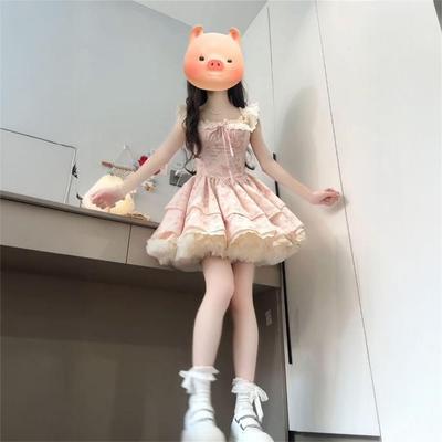 Sweet Spice Girl Blue Floral Dress Female Small Summer Beautiful Fluffy Short Dress Flying Sleeves Princess Cake Dress