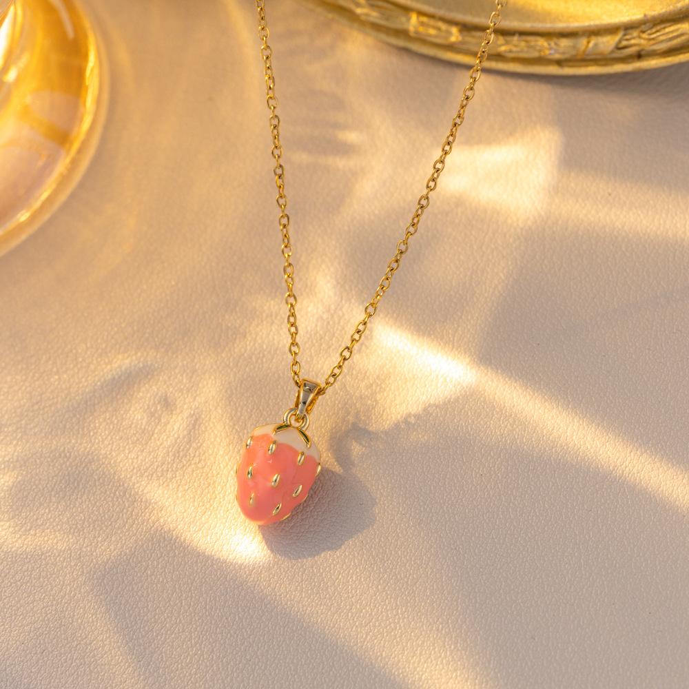 Women Girls Sweet Cute Strawberry Series Pendant Necklace Stainless Steel Chain Lovely Strawberry Fruit Jewelry Accessories Gift