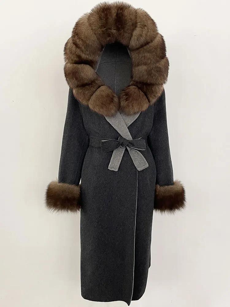 OFTBUY Winter Women Coat Real Natural Fox Fur Hooded Detachable Collar Double-faced Woolen Jacket Long Casual Elegant Overwears