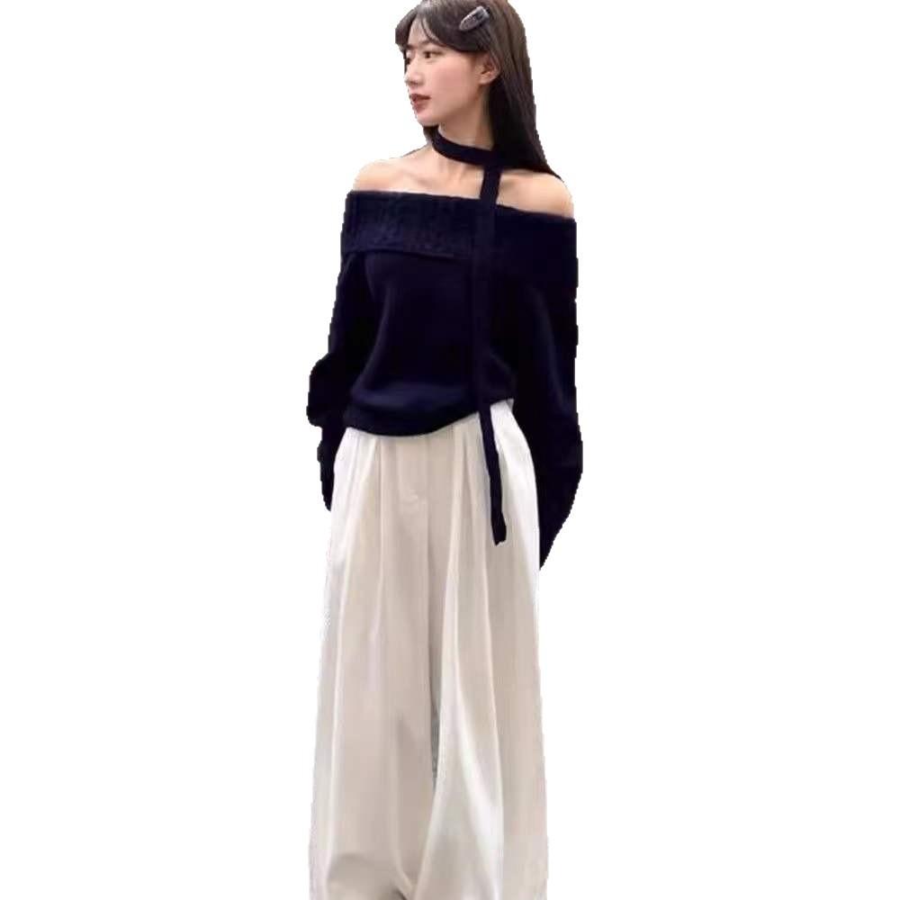 1011 Spring and Autumn New Grey Shoulder Sweater Girly Loose External Wear Lazy Wind Beautiful Knitted Sweater