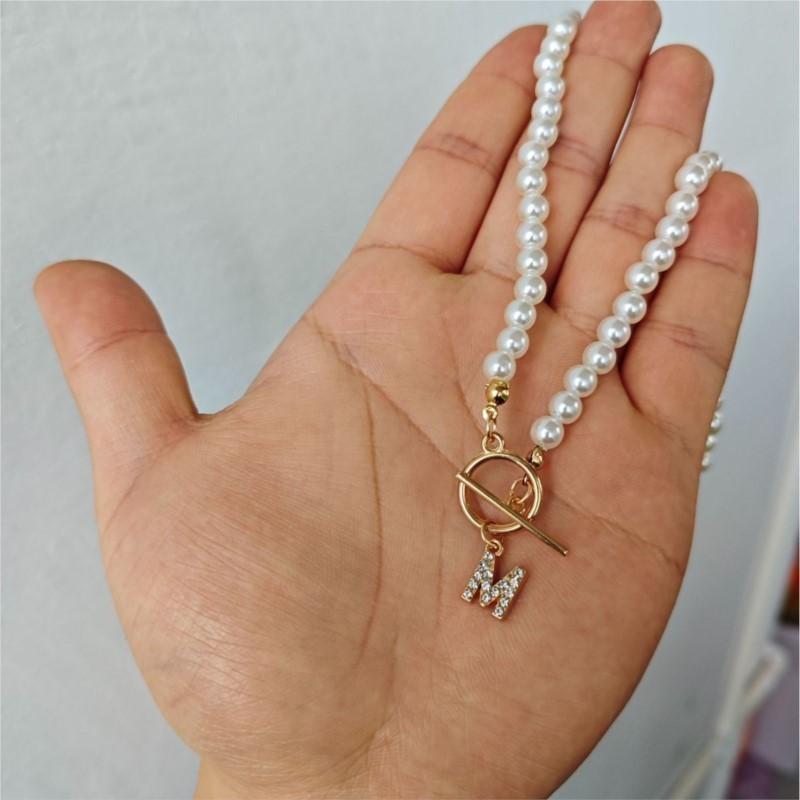 Elegant Simulated-pearl Gold OT Buckle 26 Letters Pendant Necklace for Women Vintage Choke Collares Jewelry Girls Gifts