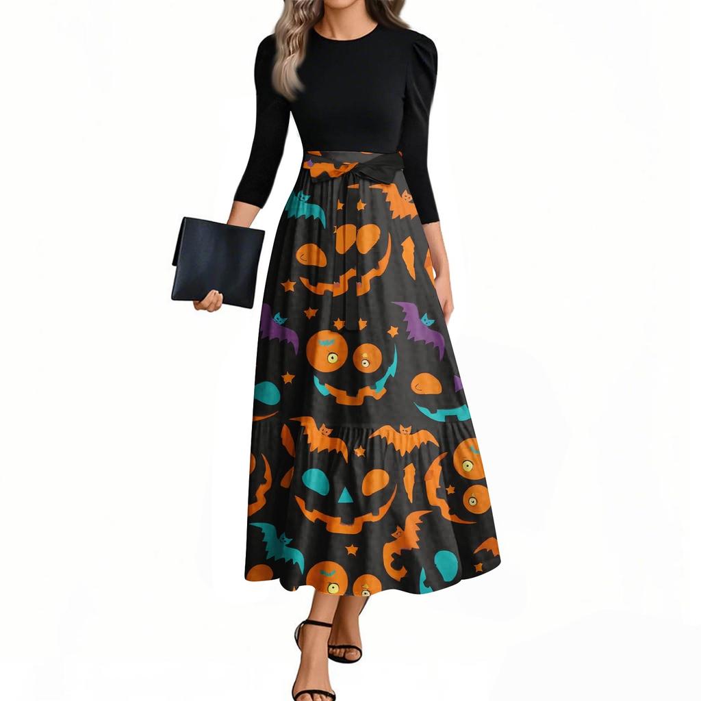 Women's Fashion Casual Belted Three-quarter Sleeve Round Neck Halloween Printed Elegant Temperament Dresses
