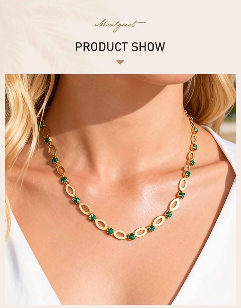 Crystal Zircon Hollow Oval Chain Necklace for Women, Gold Color Stainless Steel CZ Necklace, Elegant Party Wedding Jewelry