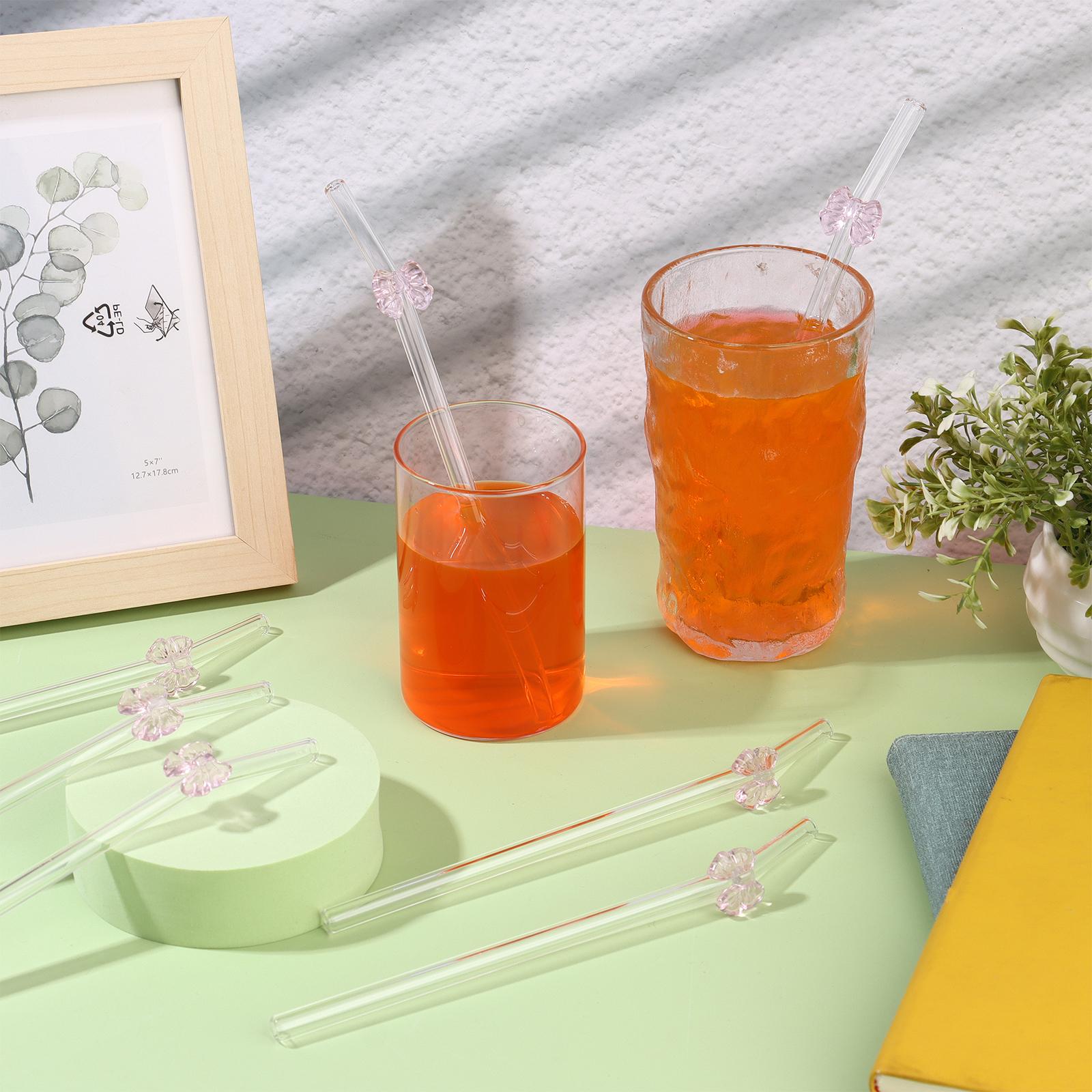 

12 штук многоразовых стеклянных соломинок с розовым бантом Экологичные стеклянные соломинки Ударопрочные Милые изогнутые соломинки для питья с 2 чистящими