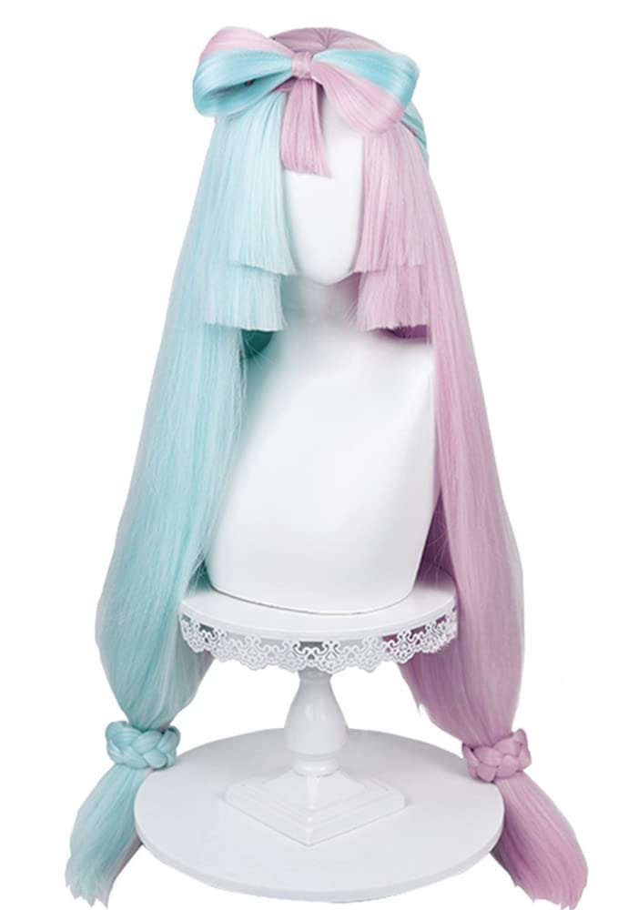 Cosplay wig with net, long, green and pink, heat-resistant wig