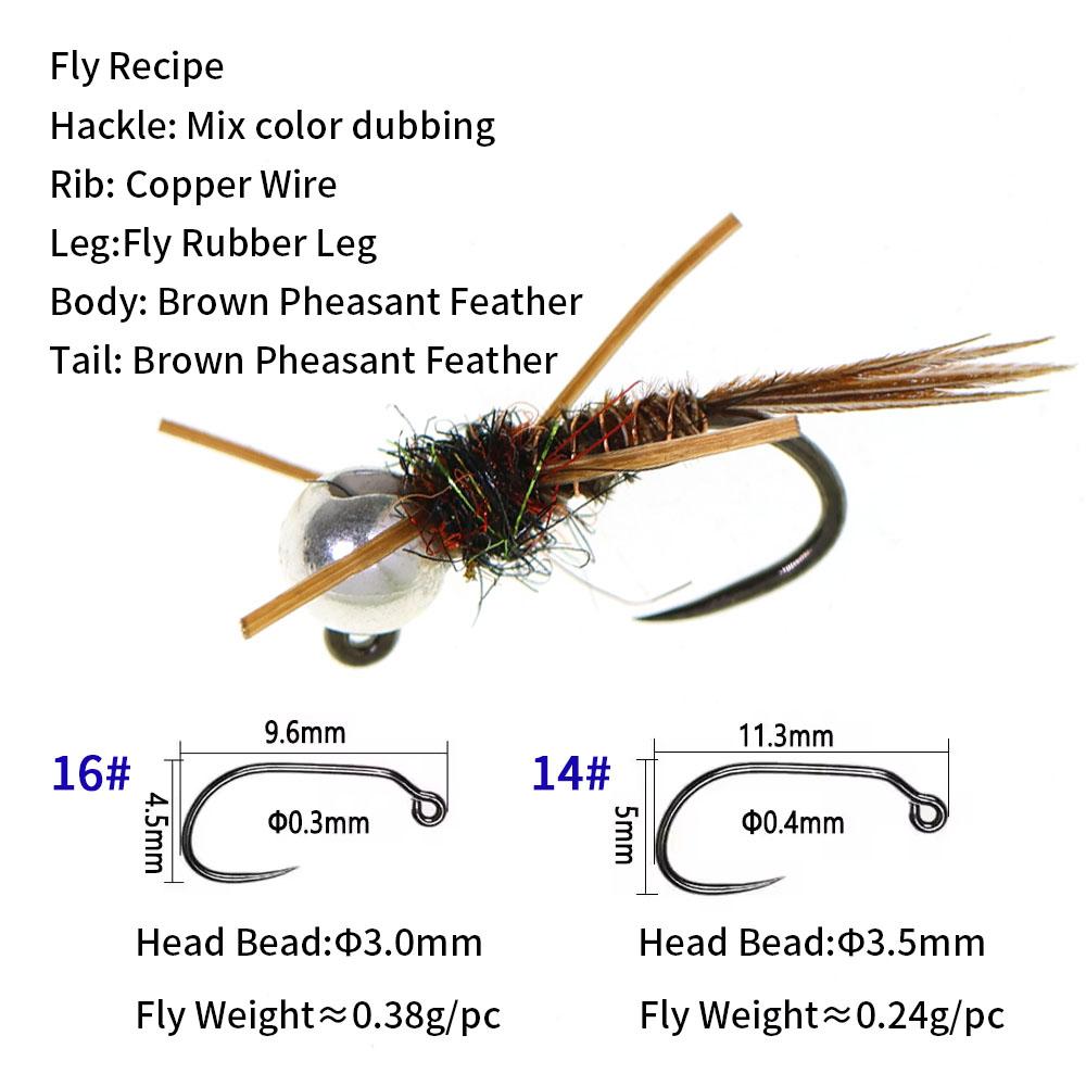 6PCS #14 #16 Barbless Jig Stonefly Nymph Fly Rubber Legs, Pheasant Tail, Bead Head Fast Sink Euro Nymph Trout Bass Fishing Lures